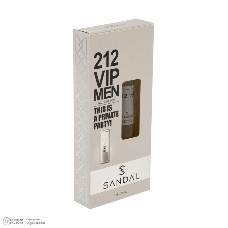 عطر جیبی مردانه صندل مدل 212vip با رایحه تند، تلخ، گرم، خوراکی، طبیعت، شرقی حجم 25 میلیلیتر