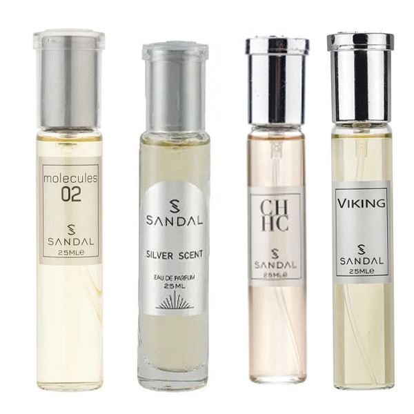 عطر جیبی مردانه صندل مدل مولکول سیلورسنت سی اچ وایکینگ با رایحه تلخ حجم 25 میلیلیتر مجموعه 4 عددی